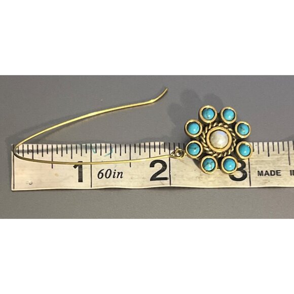 Vintage Gold Tone Drop Earrings Faux Turquoise Pearl Flower Estate Long Hook 3" - Picture 5 of 6